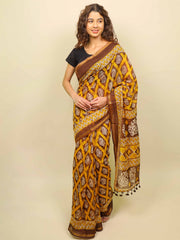 Soft cotton zari border printed saree  122-YLW