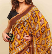 Soft cotton zari border printed saree  122-YLW