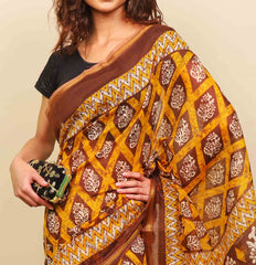 Soft cotton zari border printed saree  122-YLW