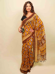 Soft cotton zari border printed saree  122-YLW