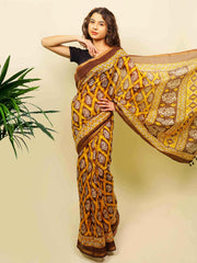 Soft cotton zari border printed saree  122-YLW