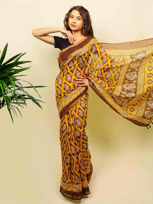 Soft cotton zari border printed saree  122-YLW