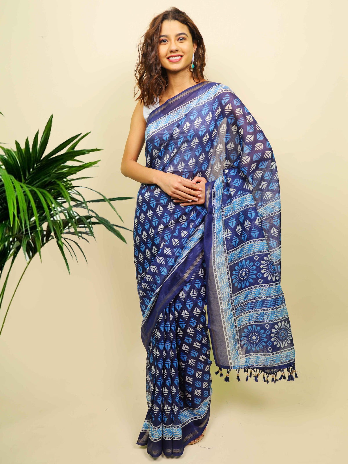 Soft cotton zari border printed saree  123-BLU