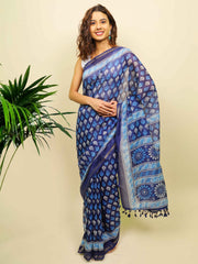 Soft cotton zari border printed saree  123-BLU