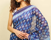Soft cotton zari border printed saree  123-BLU