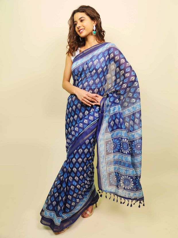 Soft cotton zari border printed saree  123-BLU