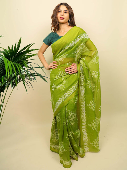 Soft cotton zari border printed saree  124-GRN