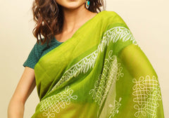 Soft cotton zari border printed saree  124-GRN