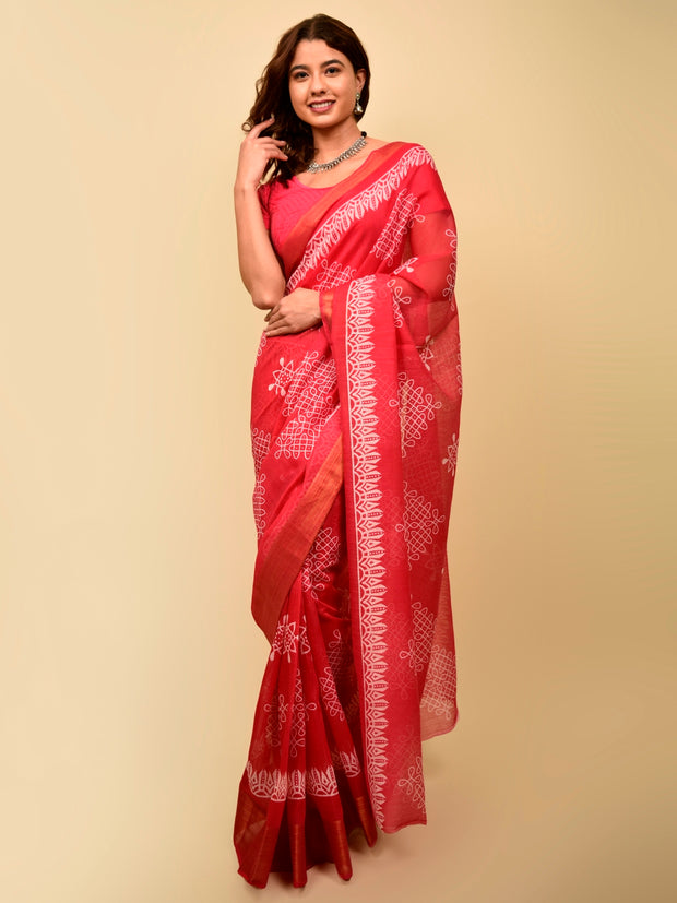 Soft cotton zari border printed saree  124-PNK