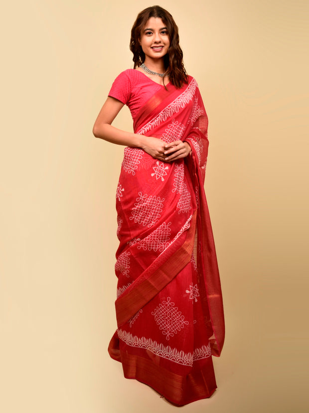 Soft cotton zari border printed saree  124-PNK
