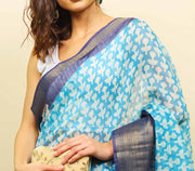 Soft cotton zari border printed saree  125-BLU