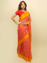 Soft cotton zari border printed saree  125-RED