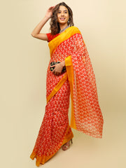 Soft cotton zari border printed saree  125-RED