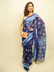 Soft cotton zari border printed saree  126-BLU