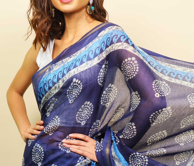 Soft cotton zari border printed saree  126-BLU