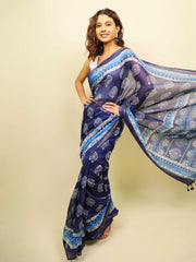 Soft cotton zari border printed saree  126-BLU