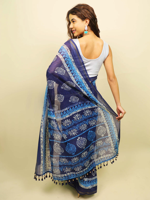 Soft cotton zari border printed saree  126-BLU