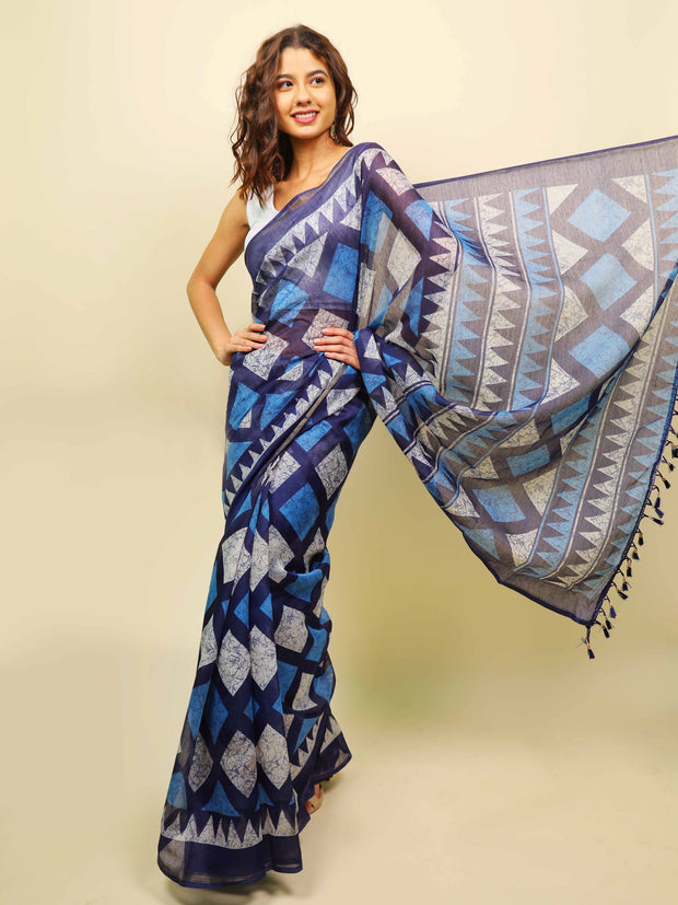 Soft cotton zari border printed saree  127-BLU