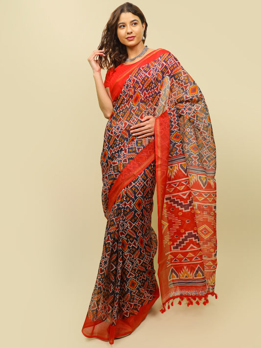 Soft cotton zari border printed saree  129-BLU