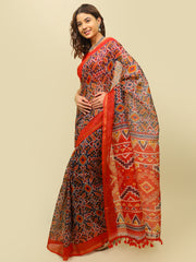 Soft cotton zari border printed saree  129-BLU