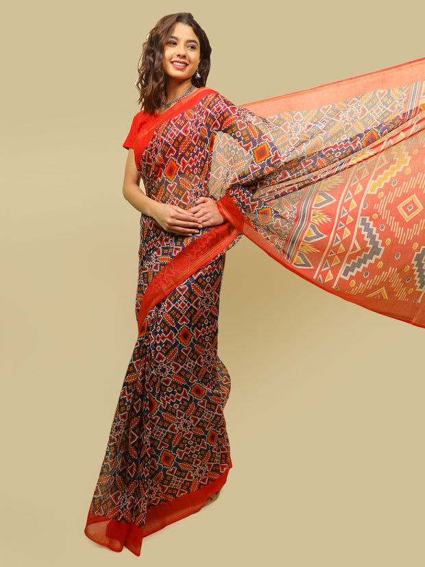 Soft cotton zari border printed saree  129-BLU