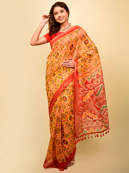 Soft cotton zari border printed saree  129-YLW