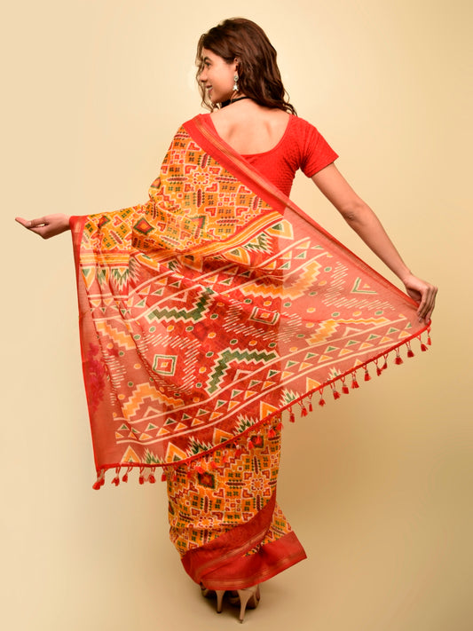 Soft cotton zari border printed saree  129-YLW