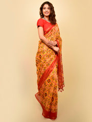 Soft cotton zari border printed saree  129-YLW
