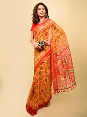 Soft cotton zari border printed saree  129-YLW