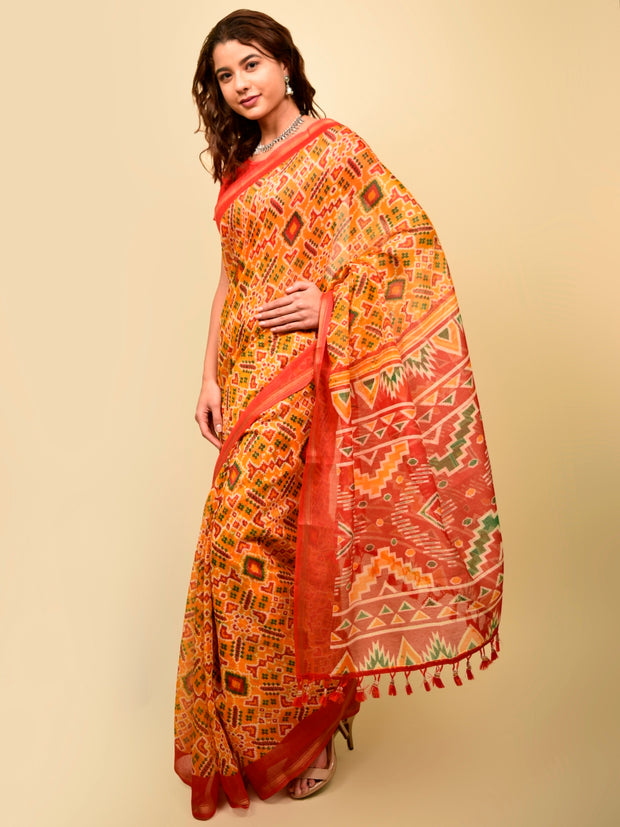 Soft cotton zari border printed saree  129-YLW