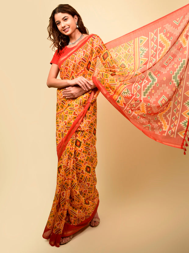 Soft cotton zari border printed saree  129-YLW