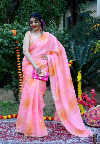Pink-Orange Foil Printed Saree 110-PNK