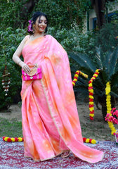 Pink-Orange Foil Printed Saree 110-PNK