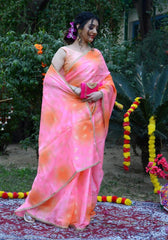 Pink-Orange Foil Printed Saree 110-PNK
