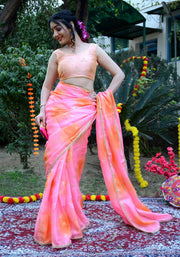 Pink-Orange Foil Printed Saree 110-PNK