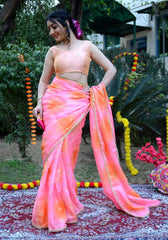 Pink-Orange Foil Printed Saree 110-PNK
